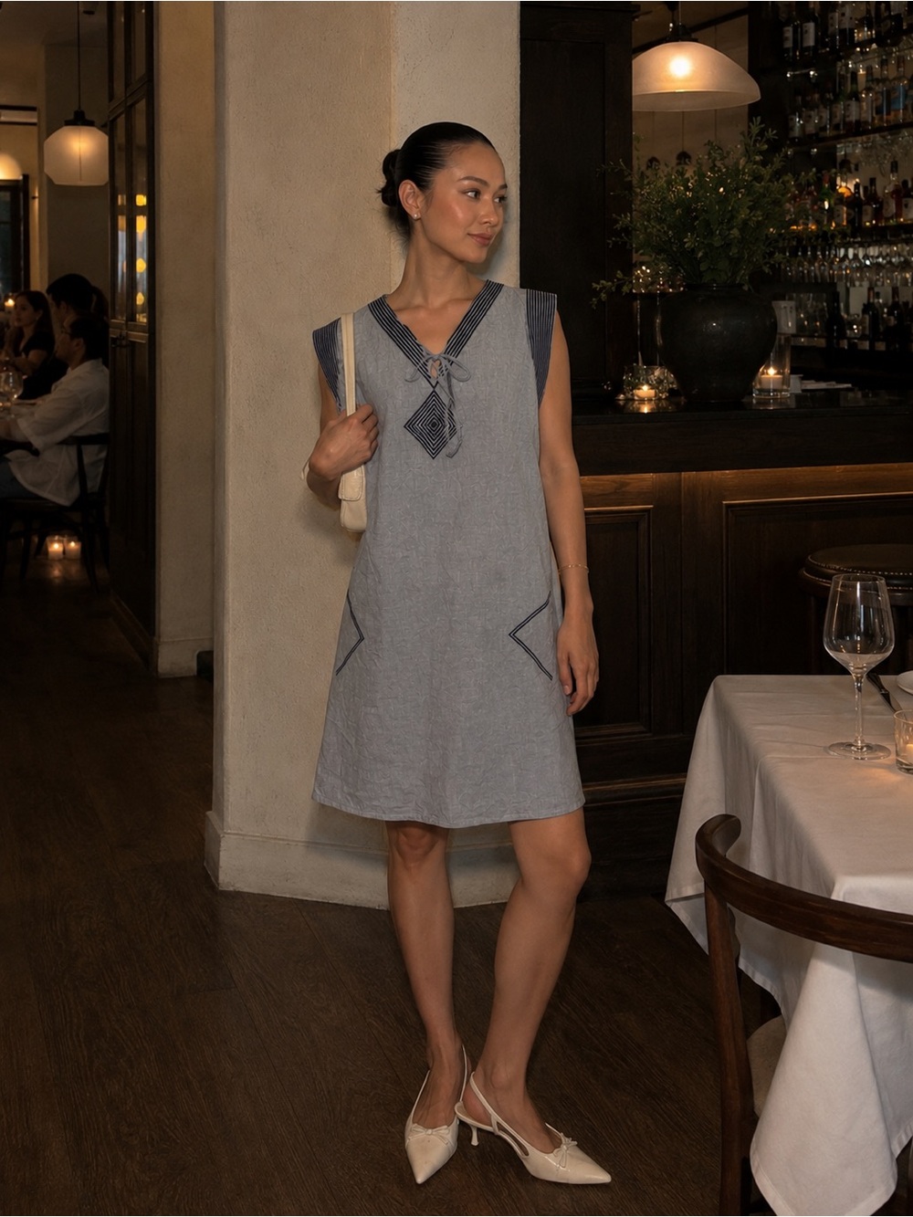 THML Sleeveless Linen Sailor Dress in Chambray Blue